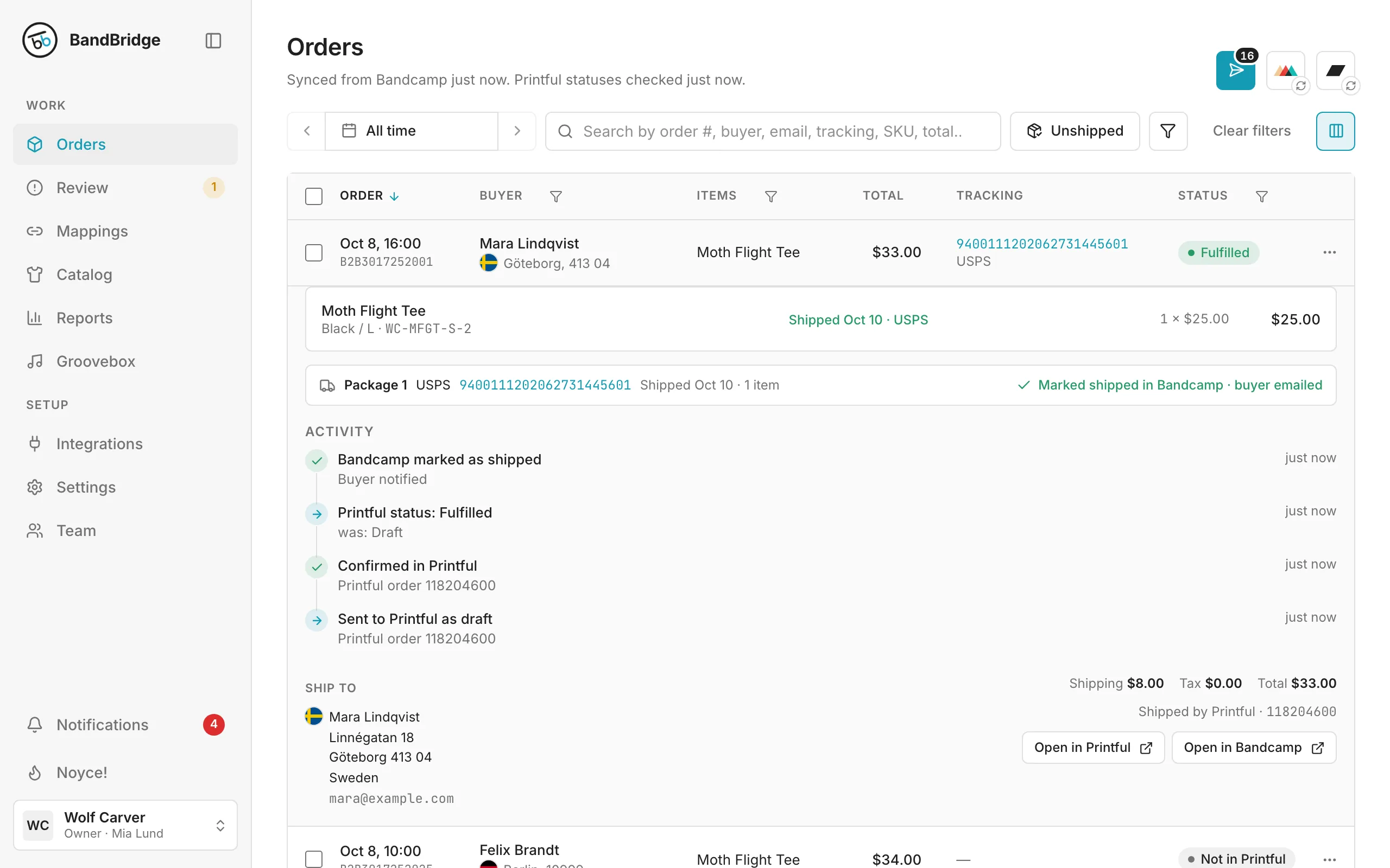 An order with its Printful order and activity